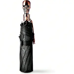 Gothic Skull Umbrella Compact Portable Automatic Folding With Golden Skull Handle Dark Blue With Gold UV Coating