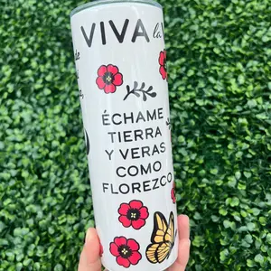 $25. Viva la vida tumbler. 20 oz. Comes with a clear push-on lid and clear plastic straw, stainless steel straw, straw cleaner, and rubber bottom
