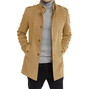 PASLTER Mens Trench Coat Long Sleeve Stand Collar Single Breasted Pea Coat Casual Mid Long Slim Fit Overcoat with Pockets Menswear Jackets