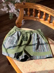 Women's Ethnic Style Shorts, Summer Drawstring Waist Knit Casual Shorts, Ladies' Comfortable and Stylish Short Pants, Side Pockets Shorts, Bohemian Casual Shorts