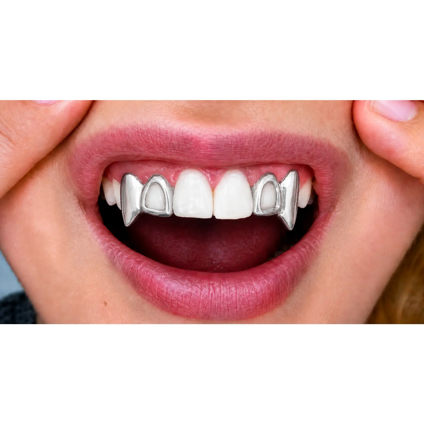 Silver Plated Open Face Upper Left & Right Double Fang Grillz 2pc Set
