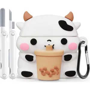 X-SBB04  Cute Cases for AirPods 4 Case Cover 2024 with Cleaner Kit,Funny 3D Cartoon Animal AirPods 4th Generation Case,Soft Silicone Kawaii Boba Tea Cow AirPods 4 Gen with Keychain for Women Girls Boys Kids