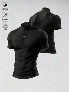 Men's Black Mock Neck Short Sleeve T-Shirt | Compression Fit Muscle Tee with Wing Logo | Ideal for Gym, Casual Streetwear & Everyday Outfits | Athletic Compression Shirts | Fitness Shirt | Fitness Apparel