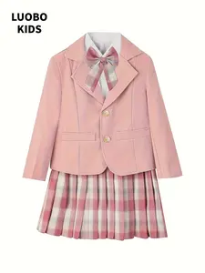 【 LUOBOKIDS 】 Autumn girls' suit dress set, children's coat long pants 3-piece set, suit children's wear, outdoor stylish performance suit Girl Clothes School (coat+skirt+tie, excluding shirt)