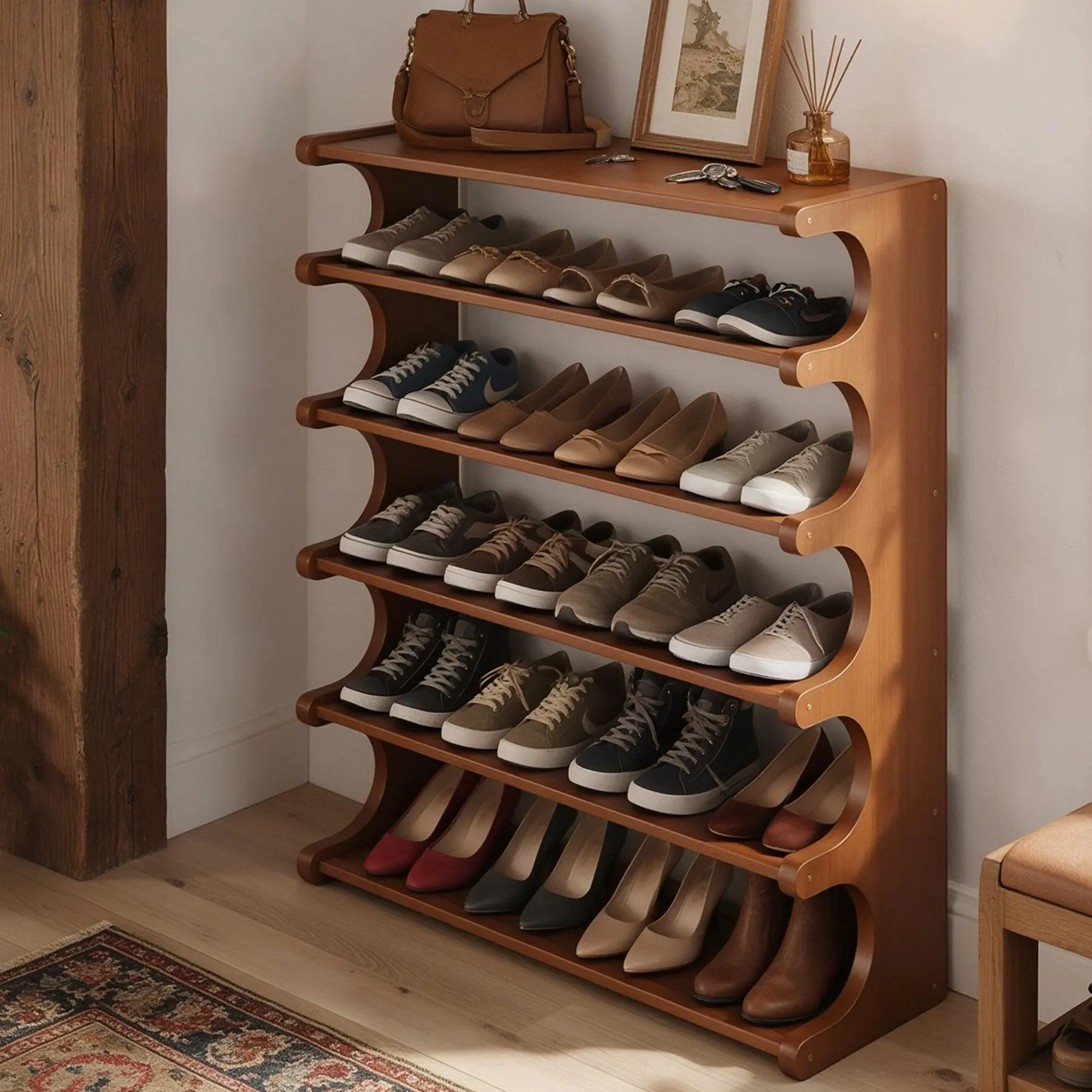 Space Saving Shoe Rack for Entryway, 6 Tier Wooden Shoe Organizer, Narrow Shoe Shelf with Display Top, Fits 20 Pairs