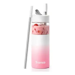 Tronco 24 oz Glass Tumbler with Lid and Straw, Leak-Proof Iced Coffee Cup with Silicone Sleeve, Reusable Glass Cup for Coffee, Smoothies & Boba Tea, Fits Car Cup Holder, Dishwasher Safe