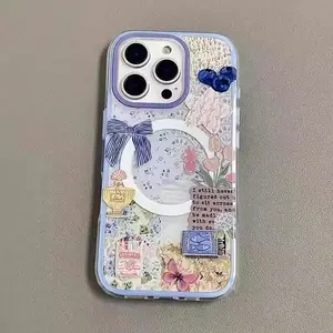 1 PC Blue Bow and Blueberry Slogan Patchwork Magnetic Phone Case, compatible with iPhone 17, 16, 15, 14, 13, 12, and 11. Made of TPU material, shockproof, drop-resistant, and does not yellow easily.