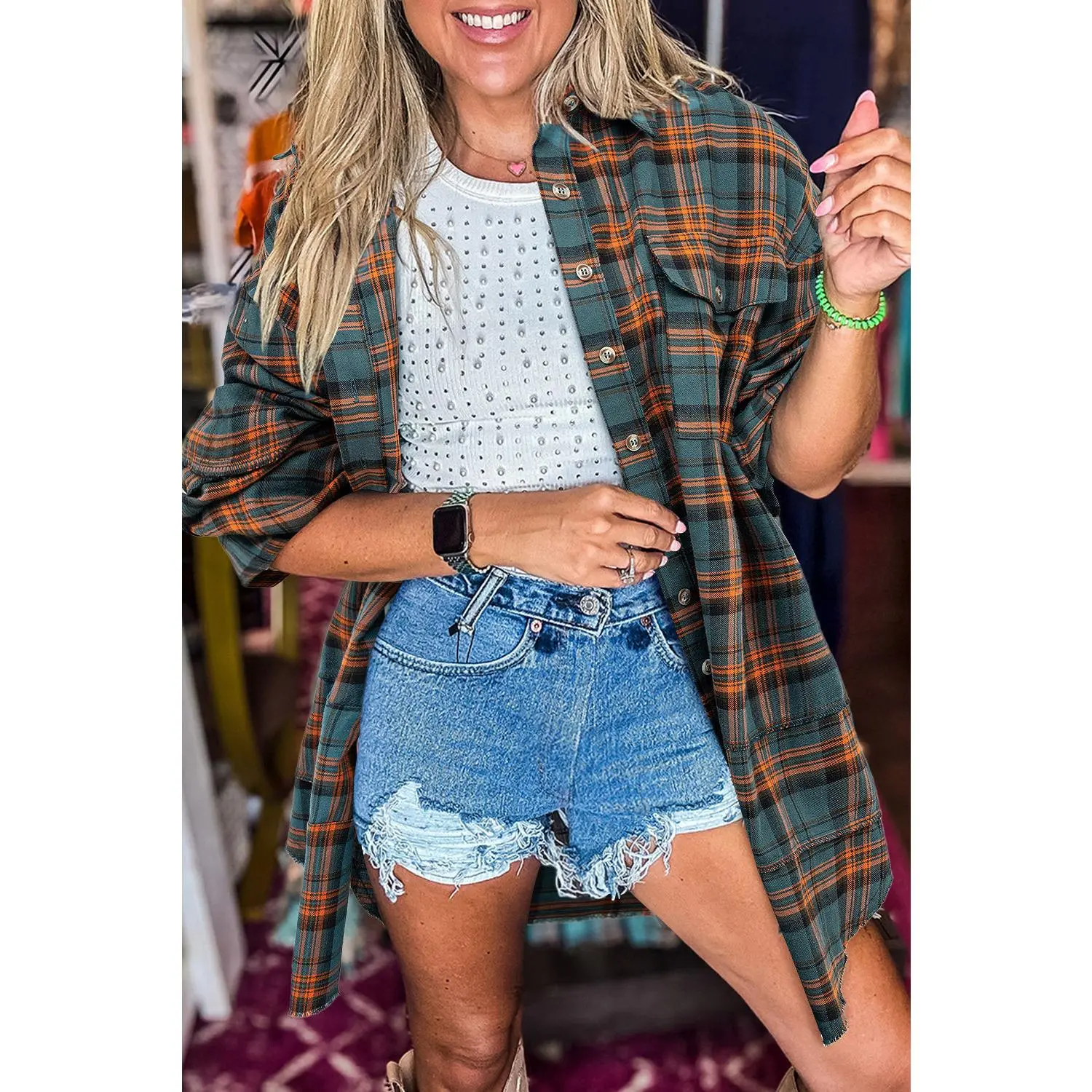 Women's Casual Plaid Flannel Blouse, Comfortable Long Sleeve Top in Breathable 100% Cotton with a Distressed Hem, Essential, Everyday, Shirts, Tops, Style, Soft, Blouses