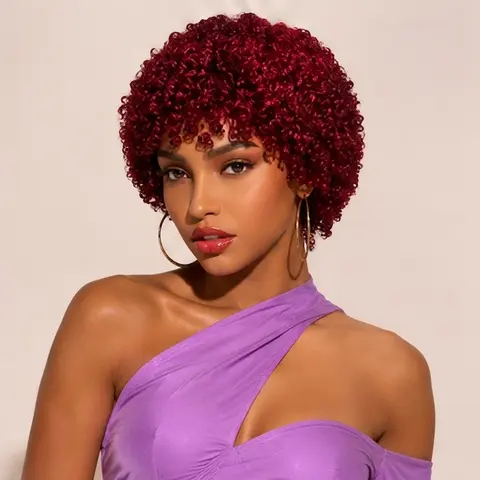 Glueless Wigs Human Hair Wigs Short Afro Kinky Curly Burgundy Color Wig For Women Human Wigs 99j Color high Density Pixie Curl Afro Wig Afro Kinky Curly Wigs Onetide Hair