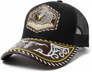 Men's Premium Double Snapback Trucker Hat with Authentic Longhorn Concho Designs Adjustable Western Style Cap for Rodeo & Everyday Wear