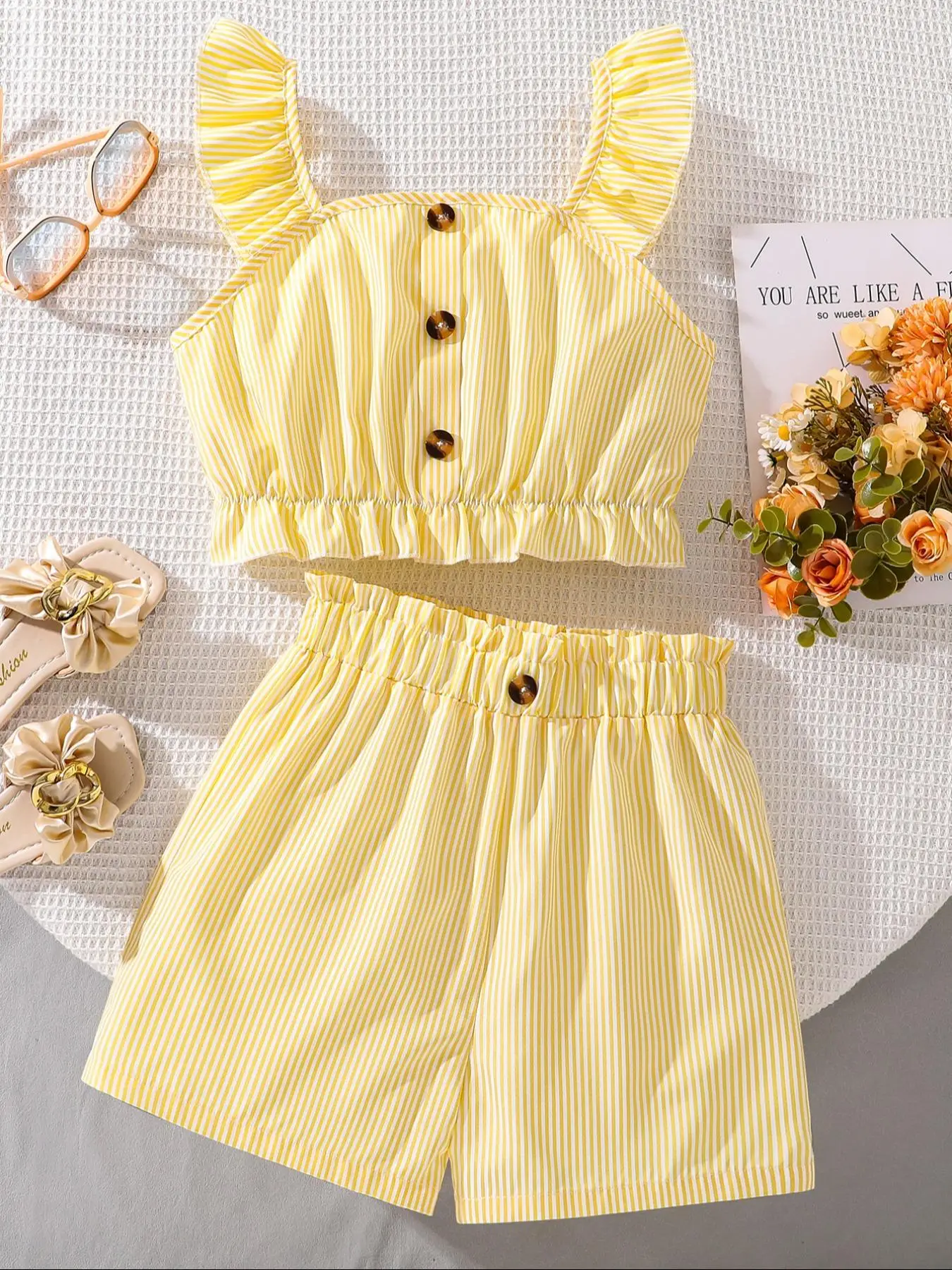 Girl's Striped Print Crop Tank Top & Shorts Two-Piece Set, Casual Sleeveless Top & Shorts for Summer, Kids Clothes for Daily Wear