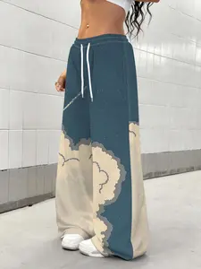 Casual Cartoon Cloud Print Drawstring Loose Fitting Wide Leg Pants, Smooth Drapey Trousers for All Seasons, Unique Aesthetic Street Style Fashion