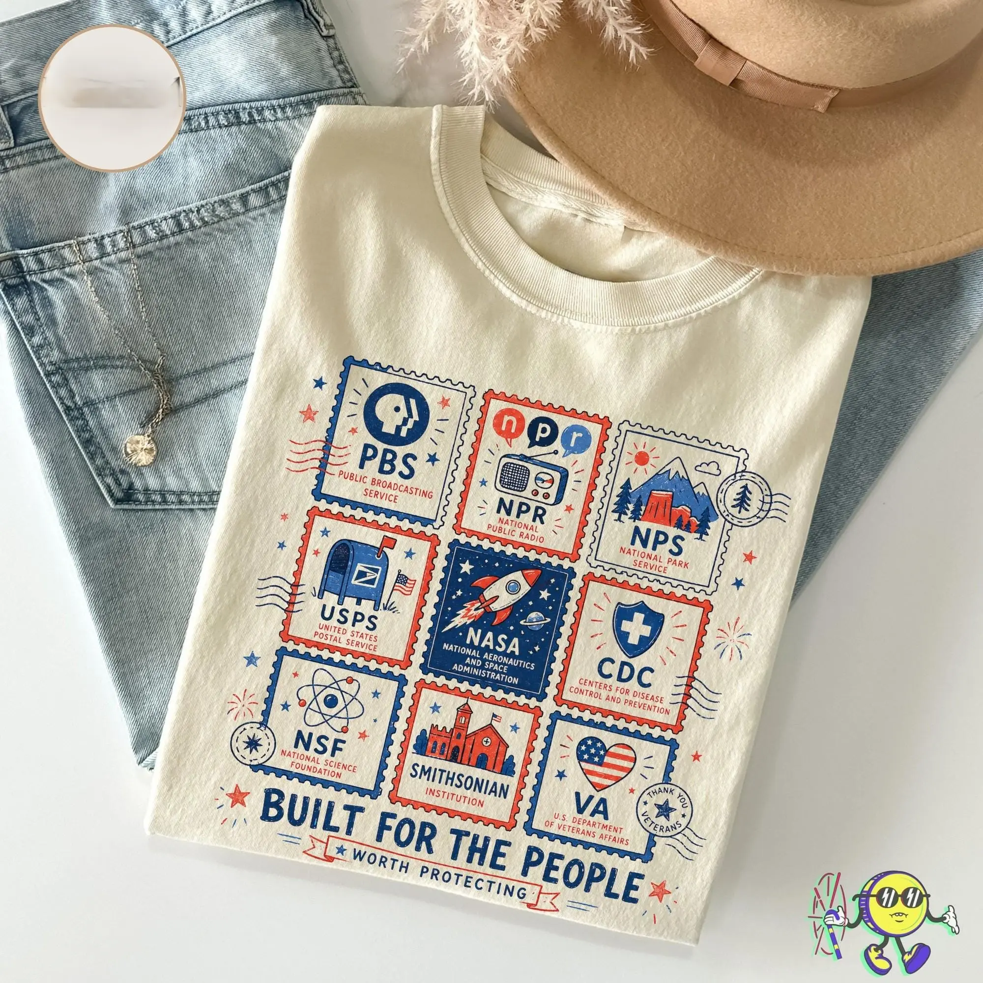 Retro 90s Stamps Protect Democratic Institutions PBS NPR Liberal Fourth of July shirt, National Parks USPS Anti Fascism, Leftist Protest
