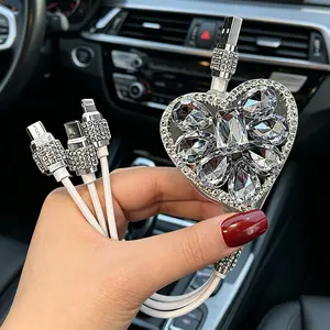 Fast Charge Sparkly Charging Cable 3-in-1 Heart Diamond Crystal Pink Clear Aesthetic Car Accessory Phone Charger Viral Gift for Women