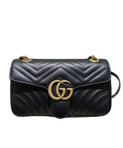 Pre-owned GUCCI black gold medium marmont 26 chain bag