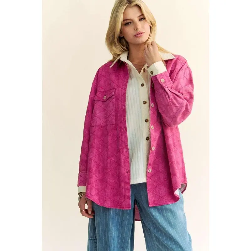 Davi & Dani Curved Hem Diamond Quilted Button Up Denim Shacket