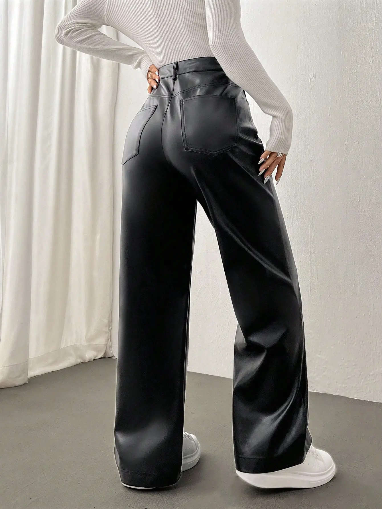 Women's PU Coated Wide Leg Jeans, Stretchy And Comfortable, Autumn/Winter Fashion High-Waisted Trousers With Pockets, Machine Washable