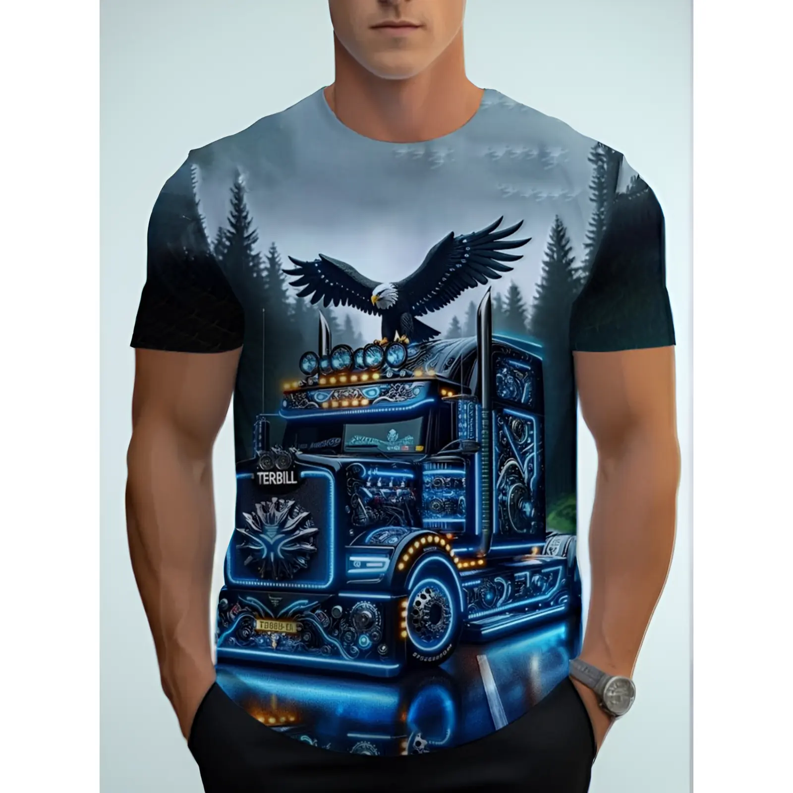 Lightweight And Durable MenS T-Shirt Showcasing an Eagle And Truck Design, Perfect for Outdoor Activities Its Vibrant Blue Color And Comfortable Fit Make It an Excellent Choice for Daily Wear Or Visits to Bars And Cafes