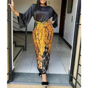 Women’s African Print Two-Piece Set – Lace-Up Flared Skirt with O-Neck and Loose Fit