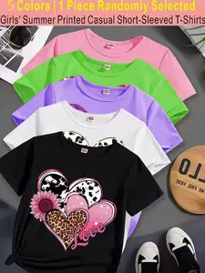 Girls Summer Fashion Trendy Heart Pattern Print Comfortable Versatile Short Sleeve T-Shirt, Casual Style Clothing Gift, Graphic Print Tee, Casual Tee Tops, Casual Comfy Shirt