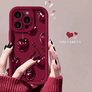 Sexy Wine Cherry Pattern Phone Case , Soft Silicone Tpu Protection and Shockproof For iPhone 17 16 15 Pro Max 14 16Pro 13 12 11 X Plus Air Mini Girl