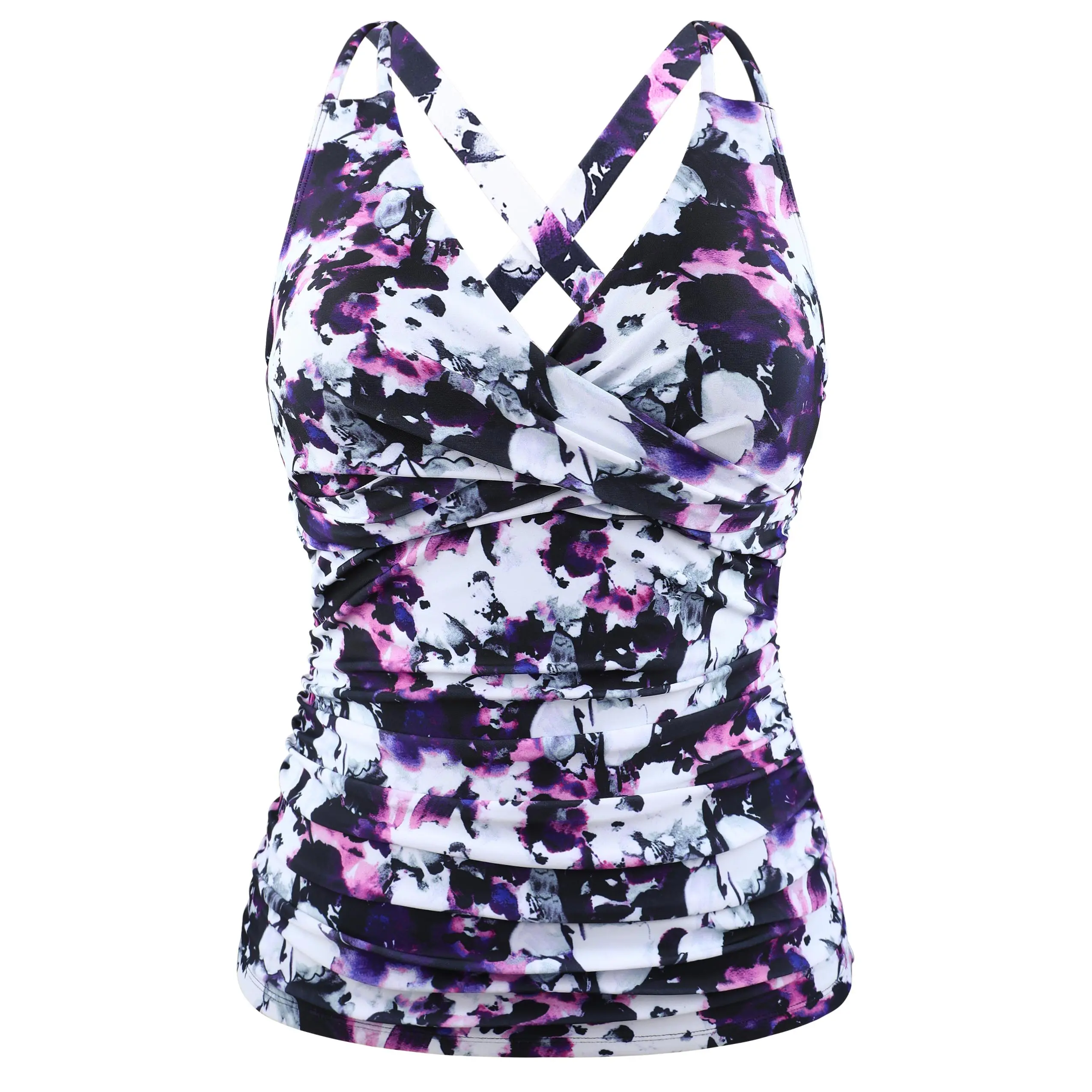 Hilor Women's Underwire Tankini Beach Swimsuit Top, Ruched Tummy Control, Criss Cross V-Neck Bathing Suit Top, Criss Cross Swimsuits