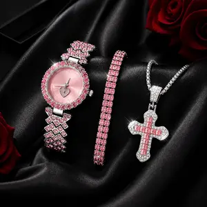 Women’s Pink Rhinestone Watch Bracelet Necklace Set, 3PCS Fashion Jewelry Gift Set for Girls, Girlfriend, Wife, Birthday Valentine’s Daily Wear