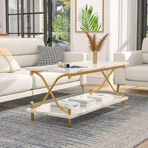 VECELO Coffee Table With Storage And Open Shelves, Modern Rectangle X-Shape Side Metal Frame Wood Console Table For Living Room Office, Brown ,Gold,Black