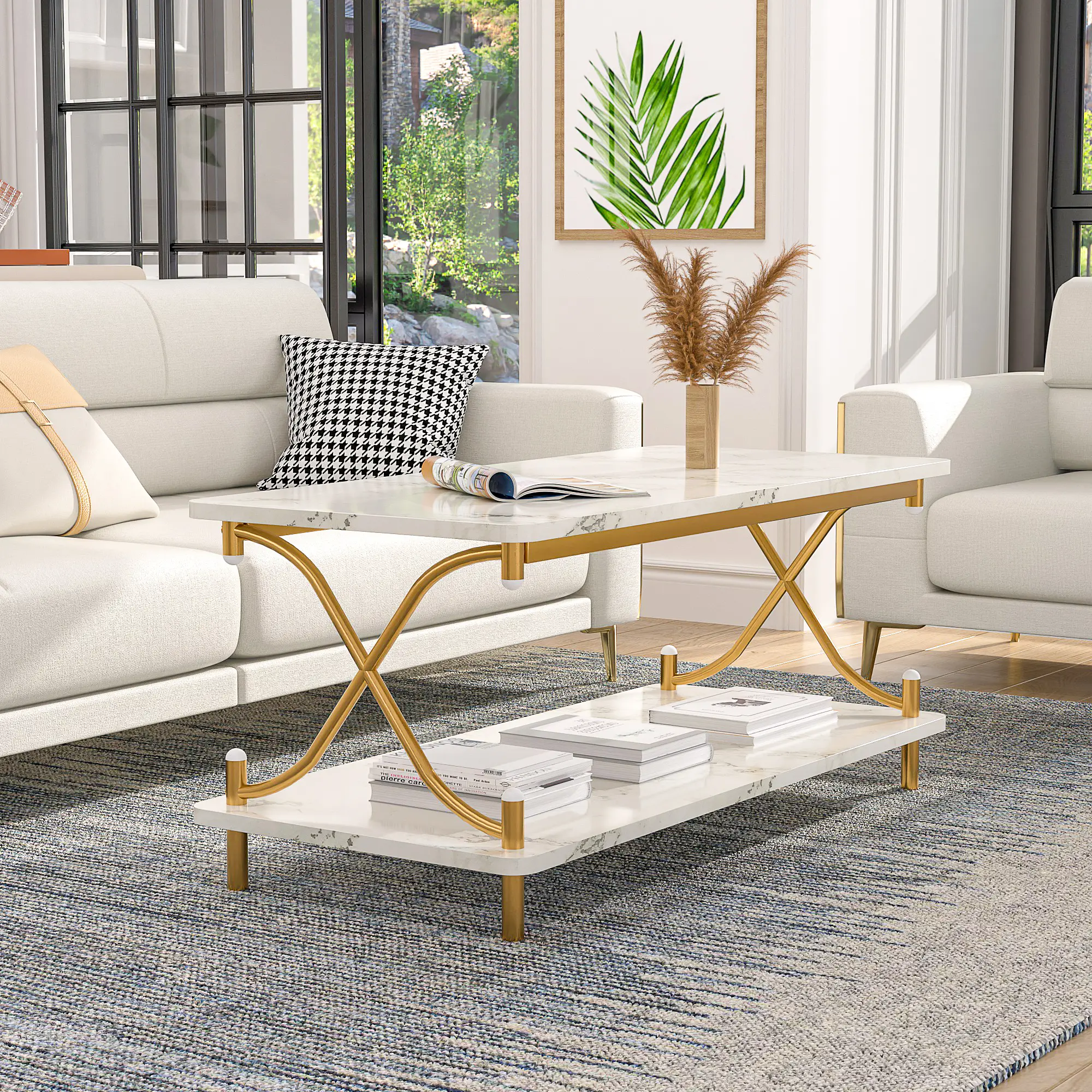 VECELO Coffee Table With Storage And Open Shelves, Modern Rectangle X-Shape Side Metal Frame Wood Console Table For Living Room Office, Brown ,Gold,Bl