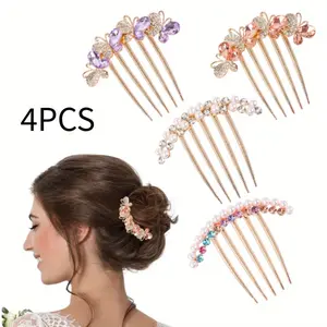 4-pcs rhinestone butterfly French style hair comb, sparkling rhinestones, suitable for hair styling - women's elegant hair accessories, suitable for parties, parties, daily use