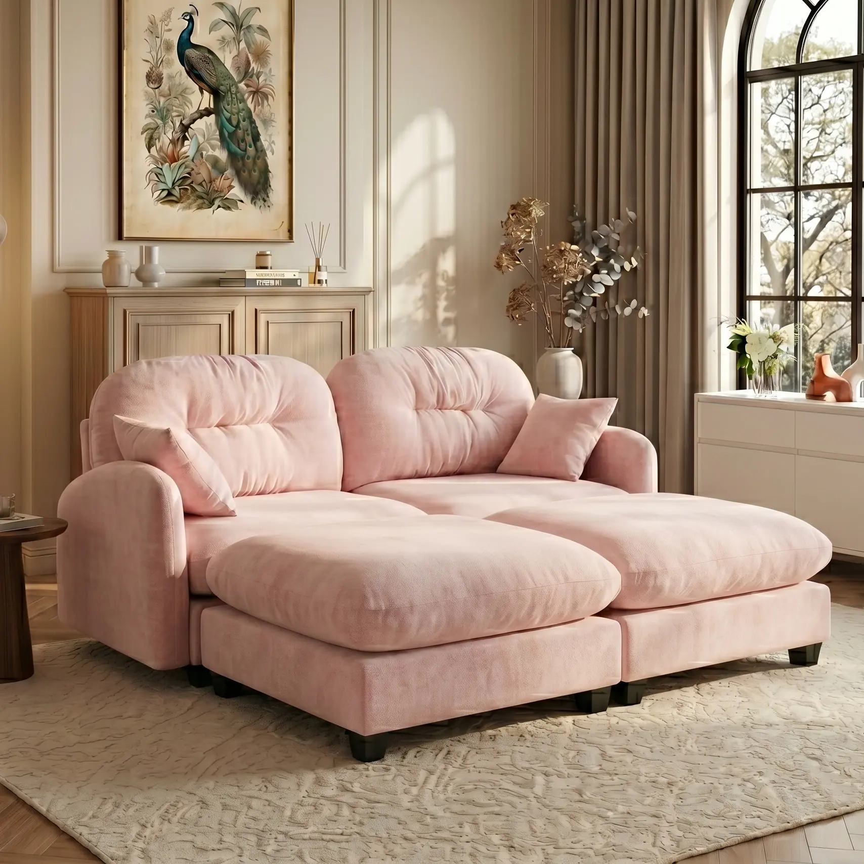 Eyisean 74" Minimalist Chenille Loveseat Sofa - Sturdy, Durable, Fixed Arms, 2 Ottomans, Tufted Backrest, High-Density Foam Cushions, Extendable Sleeper Deep Seat, Throw Pillows, Assembly Required for Living Room, Modern