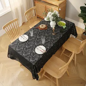 Black Birdcage Pattern Lace Tablecloth, Rectangular Dustproof Tablecloth, Table Decoration Supplies for Home Kitchen Dining Room, Rectangle Tablecloth