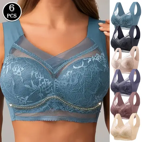 Women's 6-Pack Retro Wedding Lace & Mesh Push-Up Bras - Wire-Free, Seamless, 3/4 Coverage, Padded V-Neck Racerback Mix-Color Underwear for Women with Bra Fitting Solutions