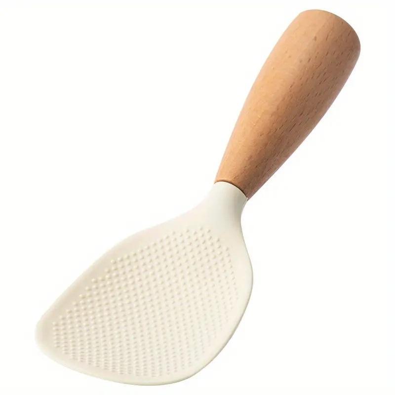 Silicone Spoon with Wooden Handle, 1 Count Heat-Insulation & Heat-Resistant Spoon for Rice Cooker, Practical Kitchen Tool for Home & Restaurant, Kitchen Cooking Accessories, Wooden Cooking Tools