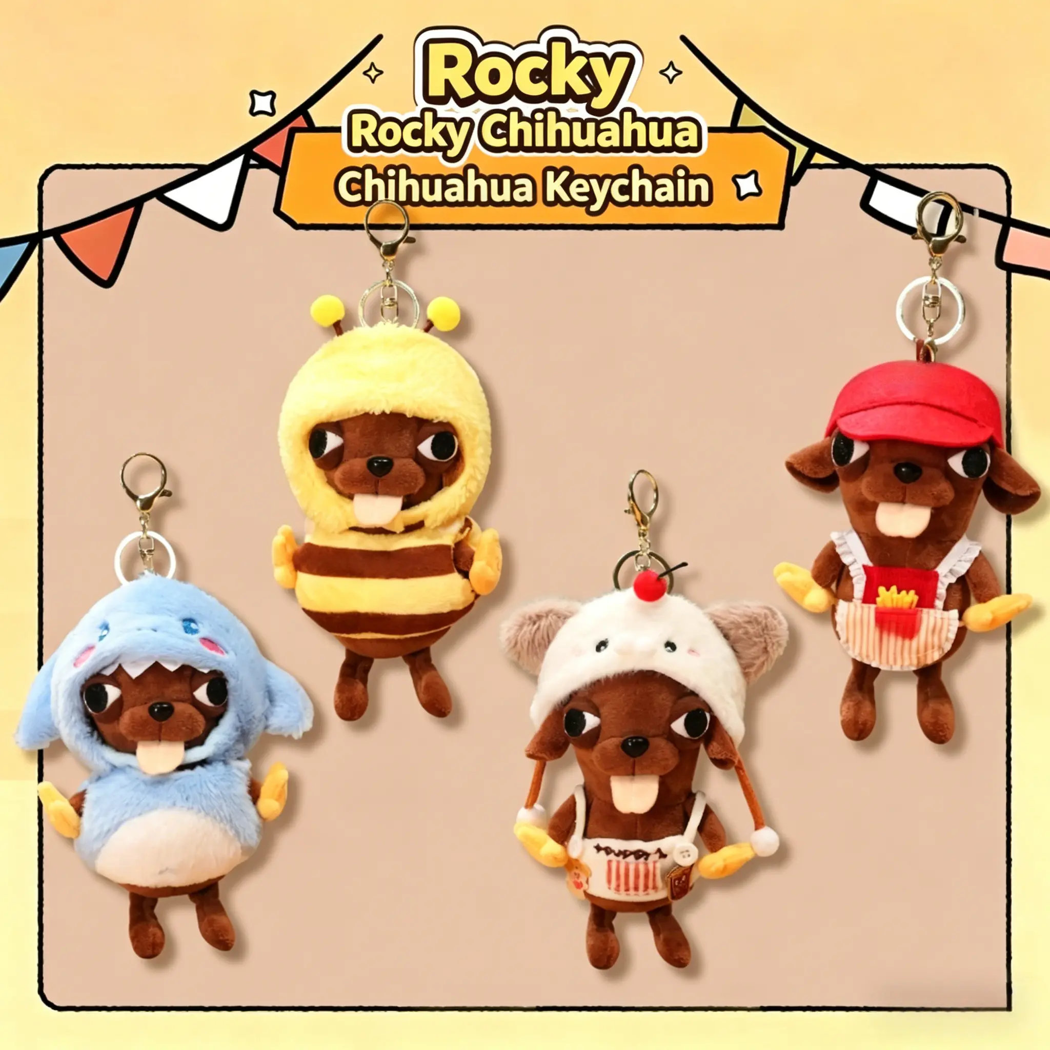 Cute Chihuahua Plush Keychain, Stuffed Animal Doll in Quirky Bee & Chef Outfits, Fashion Bag Charm Accessory for Key Decor, Birthday Gift, Cute Keychains, Animal Character Keychains