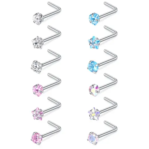 12pcs/set Rhinestone Decor Nose Studs, Stainless Steel Nose Rings, Fashion Body Jewelry for Women & Men