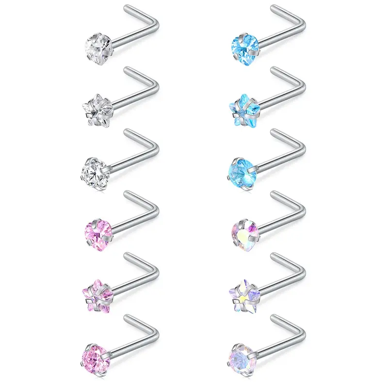 12pcs/set Rhinestone Decor Nose Studs, Stainless Steel Nose Rings, Fashion Body Jewelry for Women & Men