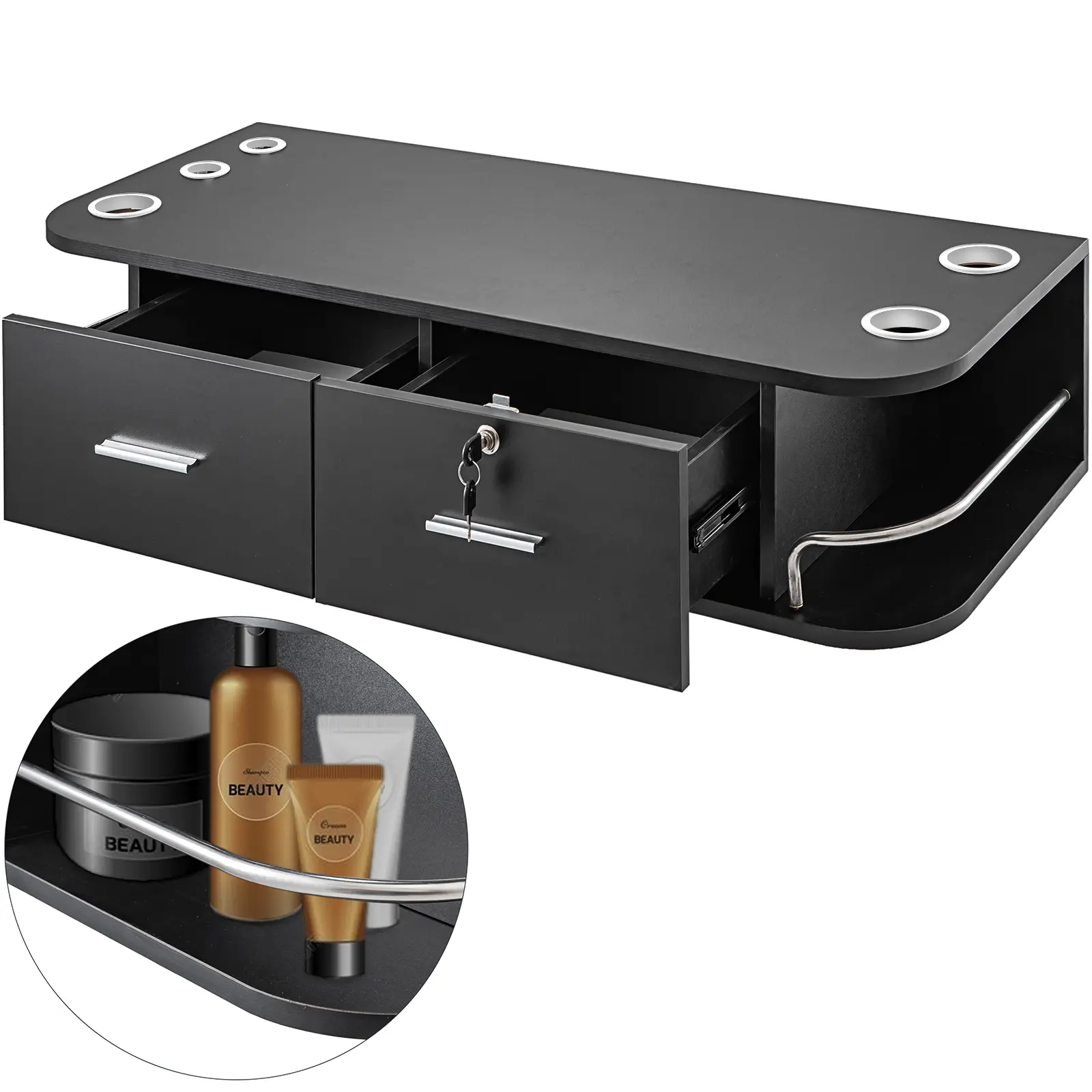 VEVOR Classic Black Melamine Board Wall-Hanging Styling Station, Locking Drawer Secure Storage Cabinet with 5 Hair Dryer Holes, Spa & Barber Shop Bathroom Equipment