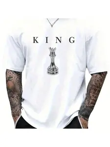 2026 Men's Casual Retro Fashion Comfortable Loose Single-sided Printed T-shirt Chess King Pattern Print Short Sleeve Round Neck Tee Top Soft High Quality Streetwear Basic