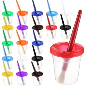 Set of 20 Spill-Proof Paint Cups with Paint Brushes and Lids, Kids Painting Tools Hog Bristle Brushes for Watercolor, Tempera, Washable, Acrylic, Crafts, 10 Colors Matched