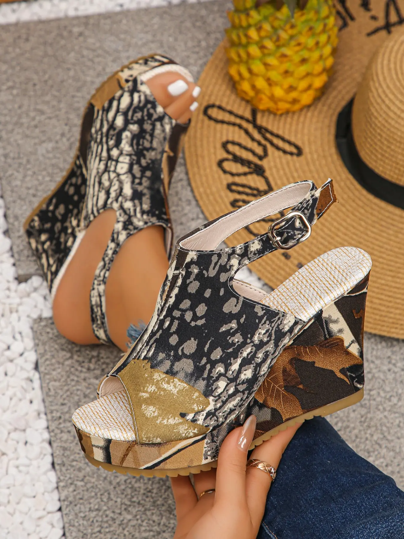 2026 Summer New Camouflage Print Wedge Sandals for Women, One-Strap Thick Sole High Heel Open-Toe Roman Shoes, Fashionable Footwear