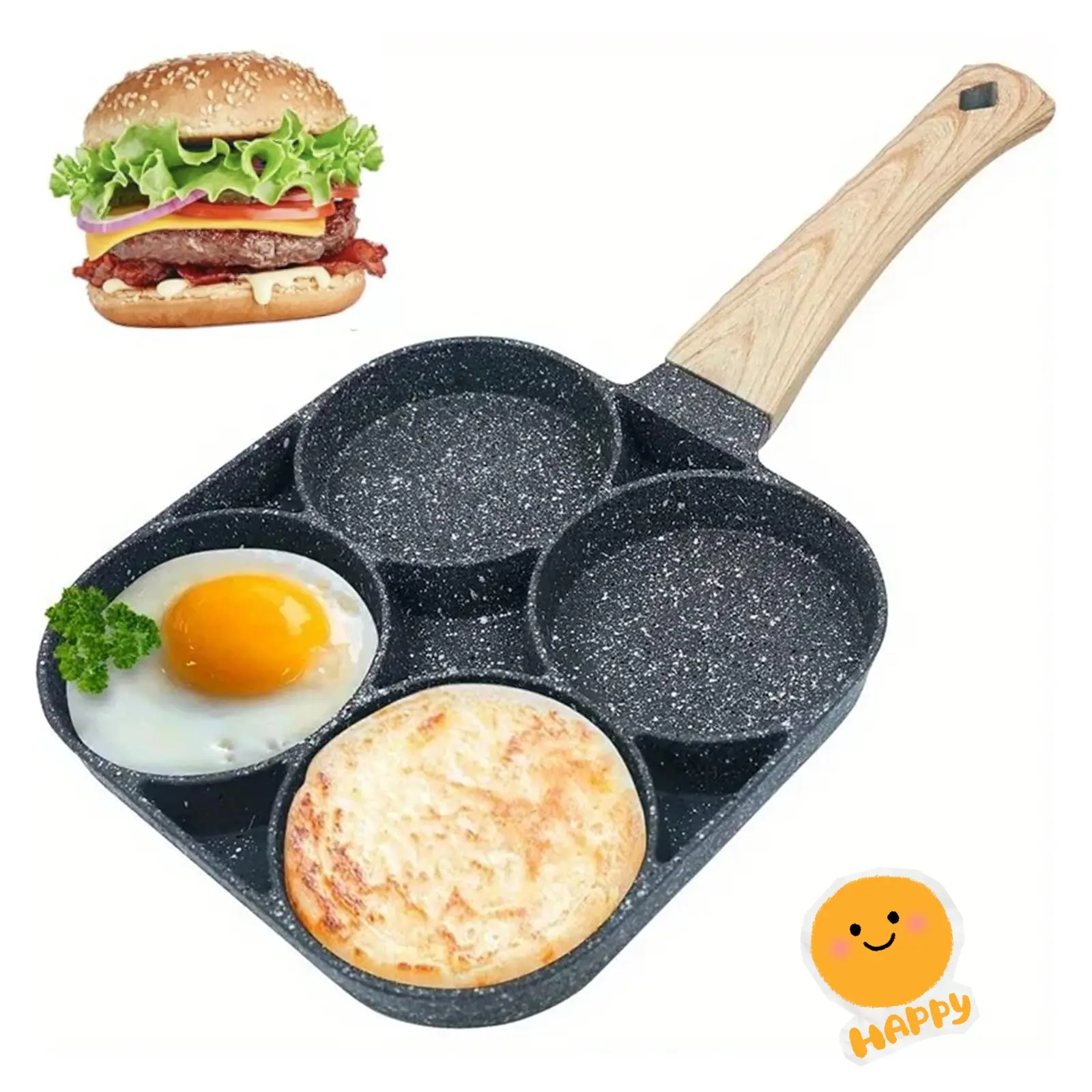 4-Hole Non-Stick Frying Pan with Wooden Handle - Cookware for Omelets, Gas/Induction Cooktop Compatible, Ideal Holiday Gift for Home Kitchen Use