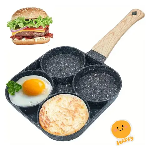 Nonstick Omelette Pan - 4-Egg Slots Ceramic Frying Pan with Wooden Handle, Eco-Friendly, Gas/Induction Ok, Multi-Functional for Egg Burgers, Ideal Holiday Gift for Home Kitchen Use