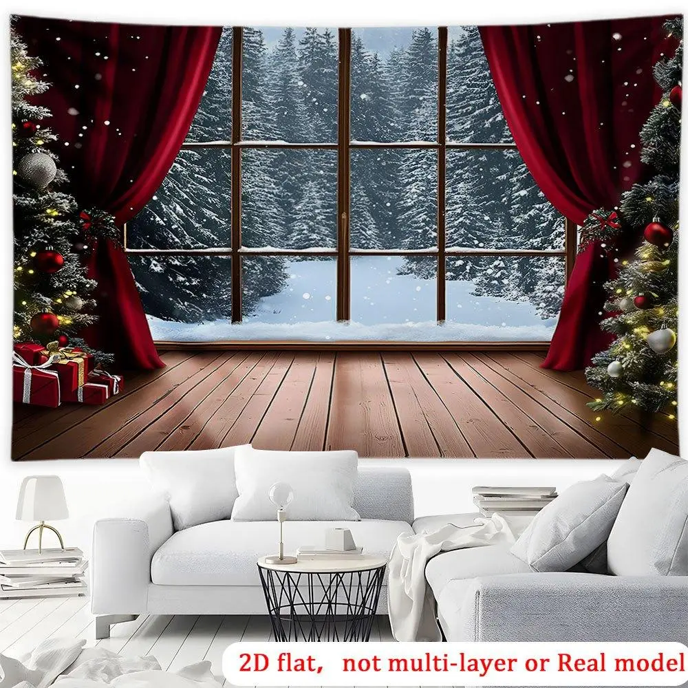 1pc 2D Flat Extra Large Winter Snowy Window Scene Garage Door Backdrop - Red Curtains Snow - Covered Ground Brown Doors - Heavy - Duty Printing Christmas decor Indoor/Outdoor Use - Easy Hangin Ornaments Decoration