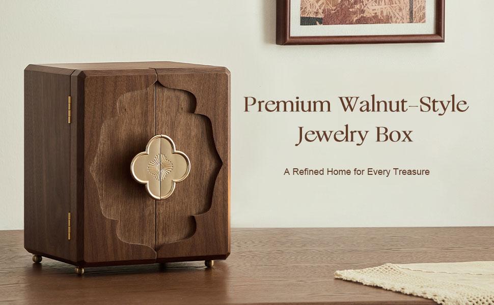 Walnut Wood Magnetic Double-Door Jewelry Box with Lid - 5-Layer Vintage Decorative Vanity Organizer, Velvet-Lined Compartments, Flower Accents, Large Capacity for Rings & Necklaces, Ideal Gift Box Packaging