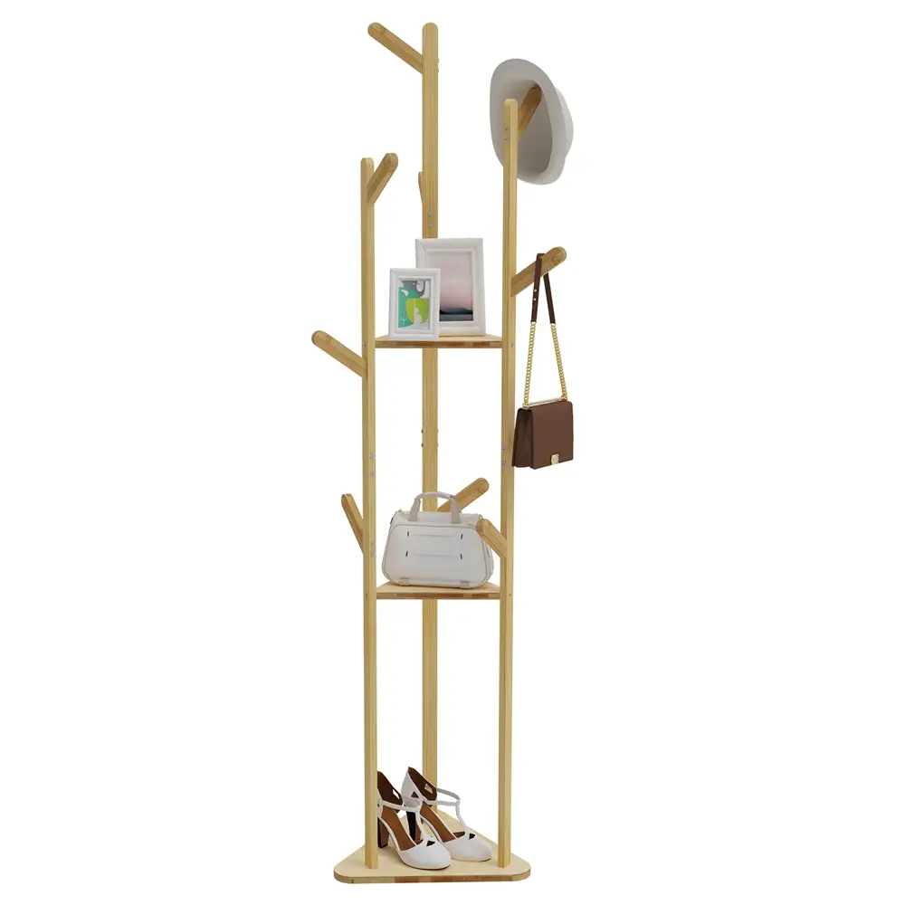 Natural Bamboo Tree Garment Clothes Coat Hat Hanger Stand 9 Hooks Shoe Storage Shelf