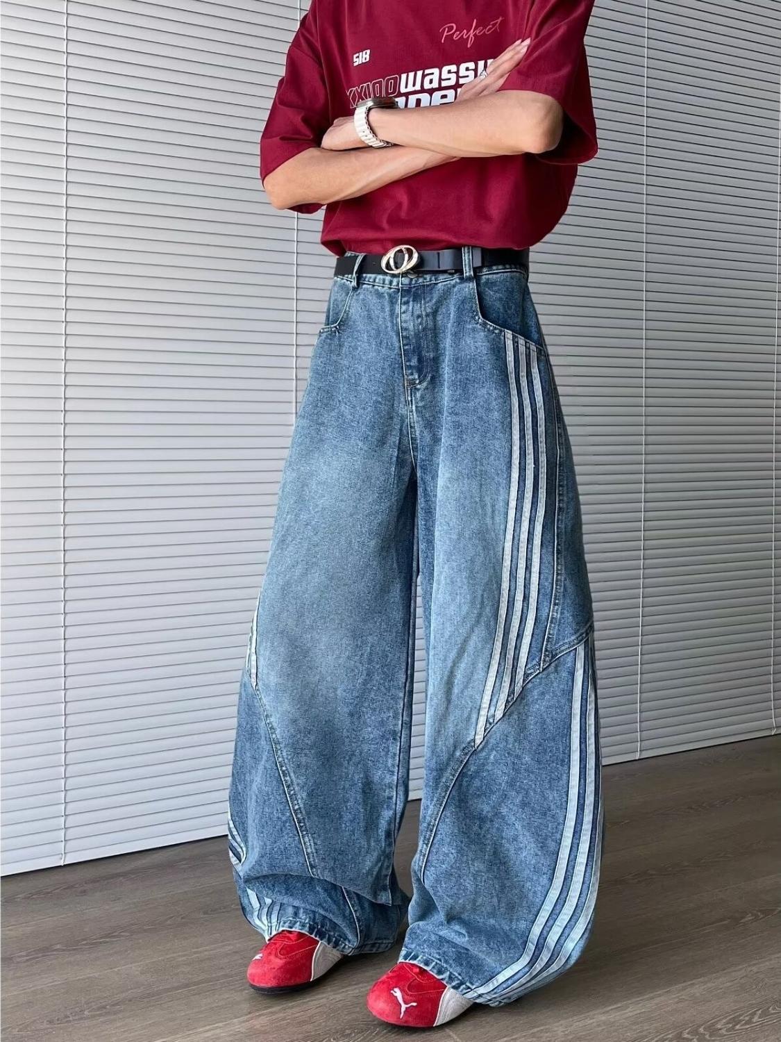 Men'S Side Stripe Curved Scimitar Jeans, Summer American Retro Loose Casual Washed Deconstructed Distressed Wide Leg Pants