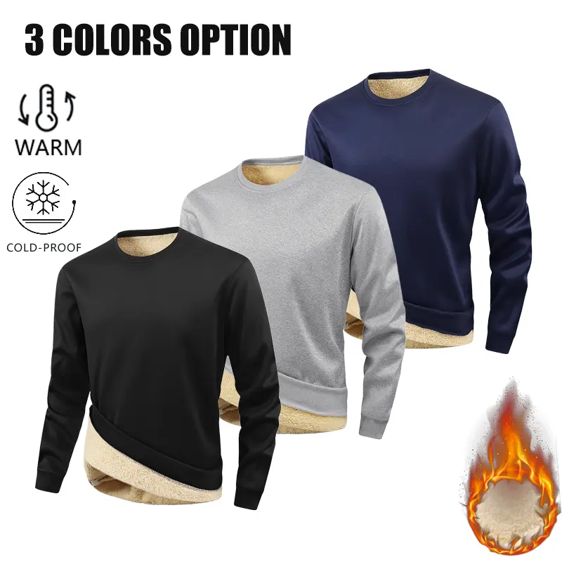 Men’s Plain Round Neck Fleece-Lined Thickened Crewneck Sweatshirt - Menswear Tops, Long Sleeves, Cold-Resistant Heat-Locking, Casual for Autumn/Winter Commuting, Home Use
