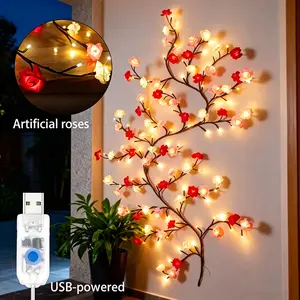 1.8M Rose Flower LED Tree Branch Lights for Wall Willow Vine Garland 8 Modes Indoor Outdoor Decorative Lights USB Plug-in Wall lamp for Home Garden Wedding Party