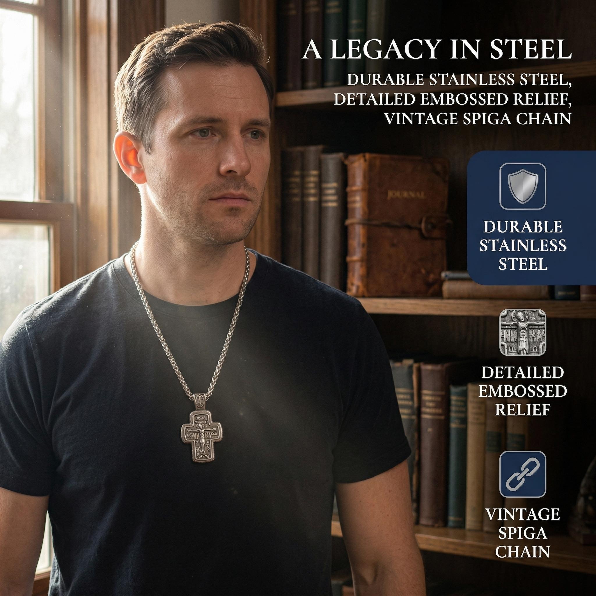 Orthodox crucifix necklace for men, stainless steel Christian cross pendant, religious men's jewelry for faith, baptism confirmation gift